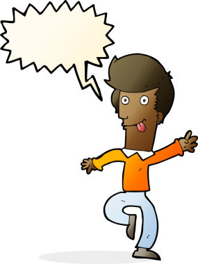 Bir insan tarafından çizilmiş konuşma balonuyla dans eden karikatürist.