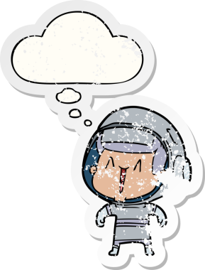 Düşünce baloncuğu olan karikatür astronot bir insan tarafından çizilmiş yıpranmış bir çıkartma.