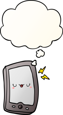 Bir insan tarafından çizilmiş yumuşak eğimli düşünce baloncuklu şirin çizgi film cep telefonu.