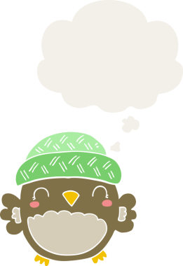 Şapkalı şirin bir baykuş. Düşünce baloncuğu insan tarafından çizilmiş.