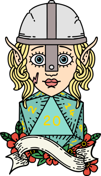 Retro Dövme Tarzı Elf Savaşçısı Karakteri Bir insan tarafından çizilmiş doğal 20 zar atışıyla