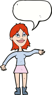 Bir insan tarafından çizilmiş konuşma baloncuğuyla el hareketi yapan çizgi film kadını.