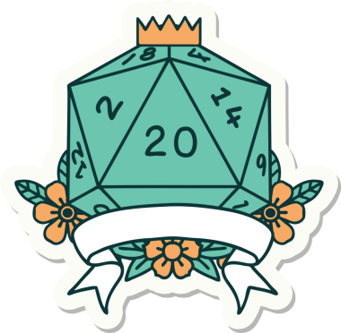 Bir insan tarafından çizilmiş 20 kritik vuruşluk D20 zar etiketi.