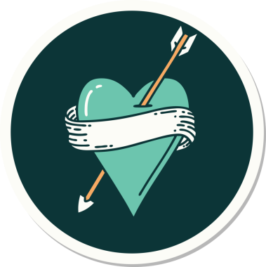 Bir insan tarafından çizilmiş ok kalp ve pankartın geleneksel stiliyle dövme çıkartması.