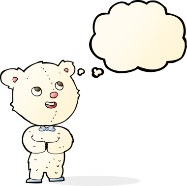 Bir insan tarafından çizilmiş düşünce baloncuklu şirin oyuncak ayı.