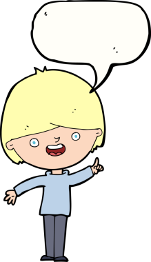 Bir insan tarafından çizilmiş konuşma balonu olan mutlu bir çocuk.