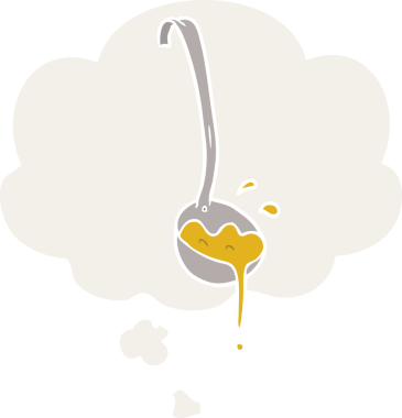 Düşünce baloncuklu çorba kepçesi insan tarafından çizilmiş.