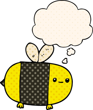 Bir insan tarafından çizilmiş çizgi roman tarzında düşünce baloncuğu olan sevimli çizgi film arısı.