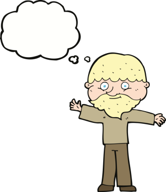 Bir insan tarafından çizilmiş düşünce balonlu sakallı mutlu adam çizgi filmi.