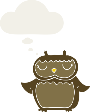 bir insan tarafından çizilmiş düşünce baloncuğu olan çizgi film baykuşu