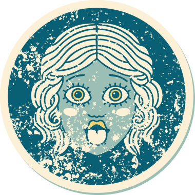 Bir insan tarafından çizilmiş dilden fırlamış kadın yüzünün sembolik dövmeli görüntüsü