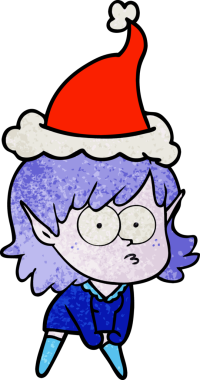 Bir insan tarafından çizilmiş Noel Baba şapkası giymiş, dik dik bakan bir elf kızının el çizimi karikatürü.