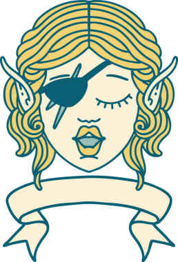 Retro Dövme Tarzı Elf düzenbaz karakter yüzü Bir insan tarafından çizilmiş pankartıyla