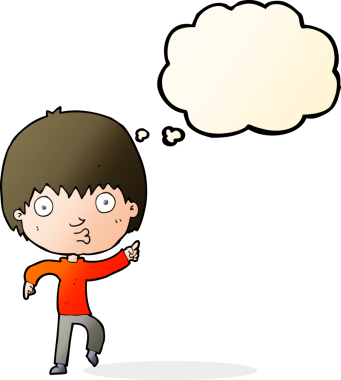 Bir insan tarafından çizilmiş düşünce baloncuğuyla işaret eden çocuk etkilenmiş.