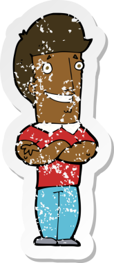 Bir insan tarafından çizilmiş sırıtan kolları katlanmış bir çizgi film karakterinin gerilimli çıkartması.