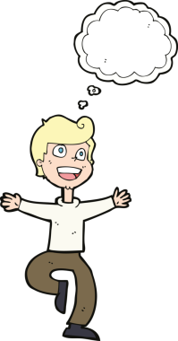 Bir insan tarafından çizilmiş düşünce baloncuğu olan heyecanlı çocuk.