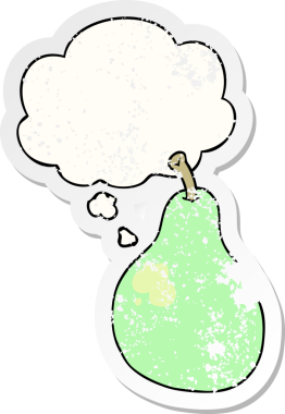 Düşünce baloncuğu olan çizgi film armudu bir insan tarafından çizilmiş yıpranmış bir çıkartma gibi.