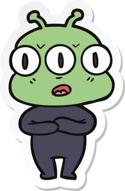 Çizgi film çıkartması. Bir insan tarafından çizilmiş üç gözlü uzaylı.