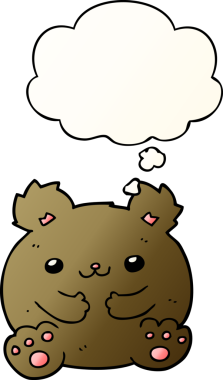 Bir insan tarafından çizilmiş yumuşak eğimli düşünce baloncuklu çizgi film ayısı.