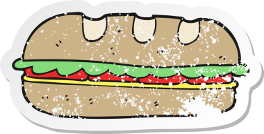 Bir karikatürün gerilimli çıkartması. Bir insan tarafından çizilmiş kocaman bir sandviç.