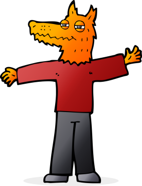 Bir insan tarafından çizilmiş mutlu tilki adam.