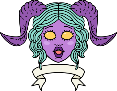 Retro Dövme Biçimi karakter yüzünü bir insan tarafından çizilmiş parşömen pankartıyla düzenliyor