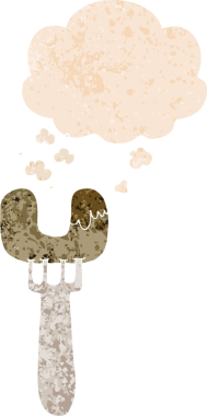 Çatal üzerinde çizgi film sosisi ve grunge 'da düşünce baloncuğu bir insan tarafından çizilmiş rahatsız edilmiş retro dokuma tarzı.