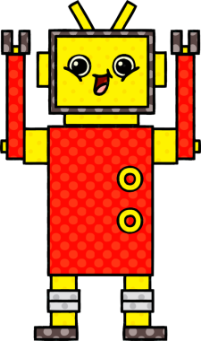 Bir insan tarafından çizilmiş mutlu bir robotun çizgi romanı.