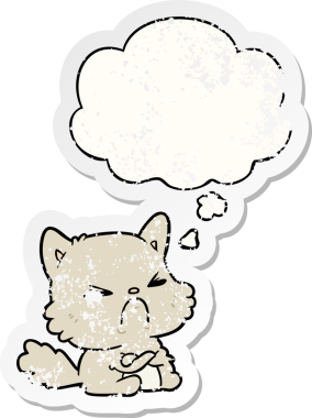 Düşünce baloncuğu olan kızgın bir çizgi film karakteri insan tarafından çizilmiş yıpranmış bir çıkartma gibi.