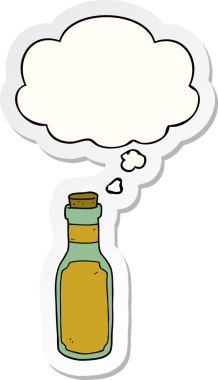 Düşünce baloncuklu karikatür iksiri şişesi insan tarafından çizilmiş bir çıkartma gibi.