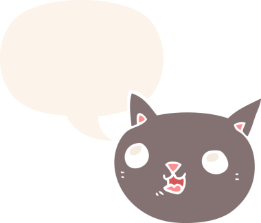 Konuşma baloncuğu olan çizgi film kedisi insan tarafından çizilmiş.