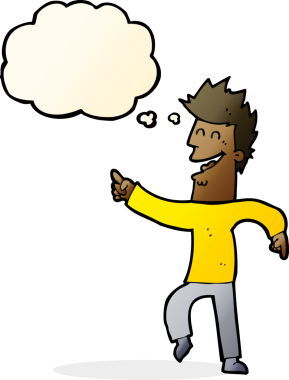 Çizgi filmci bir insan tarafından çizilmiş düşünce balonuyla gülüyor ve işaret ediyor.