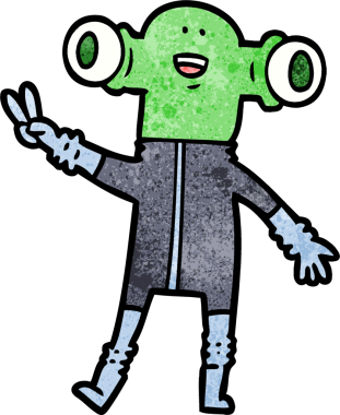 Dost canlısı uzaylı çizgi filmi bir insan tarafından çizilmiş barış işareti.