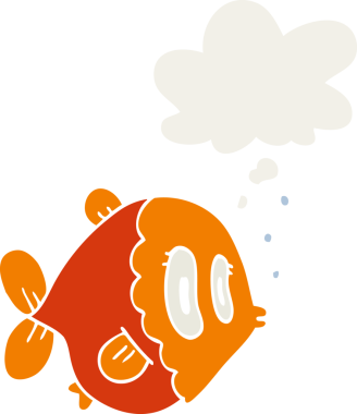 Düşünce baloncuklu çizgi film balığı insan tarafından çizilmiş.