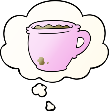 Bir insan tarafından çizilmiş yumuşak eğimli düşünce baloncuklu sıcak kahve.