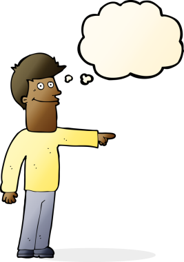 Bir insan tarafından çizilen düşünce baloncuğuyla işaret eden çizgi film adamı.