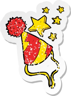 Bir insan tarafından çizilmiş bir karikatür parti şapkasının gerilimli çıkartması.