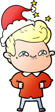 Bir insan tarafından çizilmiş Noel Baba şapkası giymiş heyecanlı bir adamın el çizimi karikatürü.