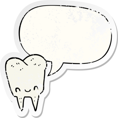 Konuşma baloncuğu olan çizgi film dişleri bir insan tarafından çizilmiş sıkıntılı eski bir çıkartma.