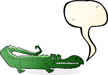 Bir insan tarafından çizilmiş konuşma balonlu çizgi film timsahı.