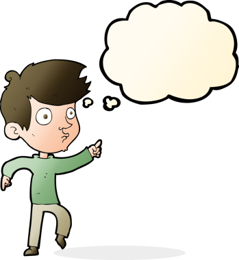 Bir insan tarafından çizilmiş düşünce kabarcığı olan çizgi film çocuğu.