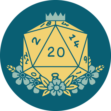 Retro Dövme Biçimi Doğal 20 D20 zar bir insan tarafından çizilmiş çiçek elementleriyle