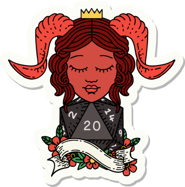 Bir insan tarafından çizilmiş doğal yirmi zarla yapıştırılmış bir etiket.