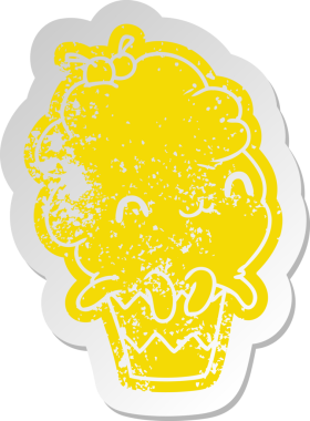 Sıkıntılı eski çizgi film etiketi kawaii ahtapot keki bir insan tarafından çizilmiş.