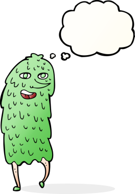 Bir insan tarafından çizilmiş düşünce baloncuklu çizgi film canavarı.