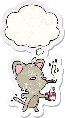 çizgi film kedisi kahveyle sigara ve düşünce baloncuğu bir insan tarafından çizilmiş yıpranmış bir çıkartma.