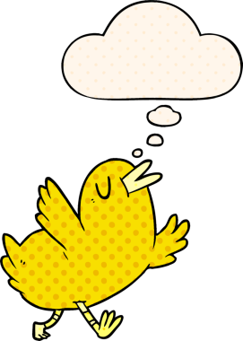 Çizgi roman tarzında düşünce baloncuğu olan çizgi film mutlu kuşu bir insan tarafından çizildi.