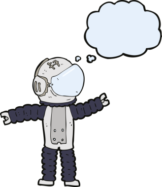 Karikatür astronotu bir insan tarafından çizilmiş düşünce baloncuğuyla uzanıyor.