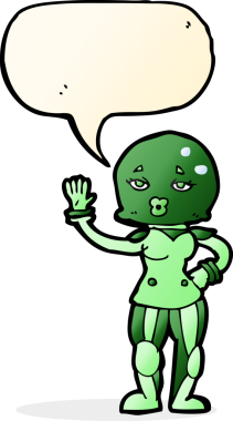 Bir insan tarafından çizilmiş konuşma balonu olan kadın astronot.