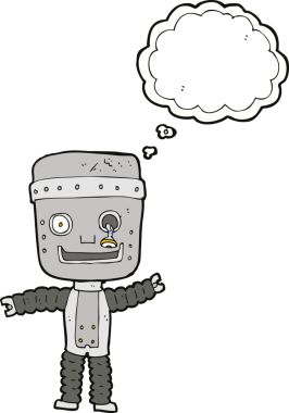 Bir insan tarafından çizilmiş düşünce baloncuklu komik robot.